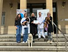 Representants de Idibgi, Fundació 'La Caixa' i l'Hospital Trueta durant l'acte per reflectir el conveni per desenvolupar la teràpia assistida amb gossos.